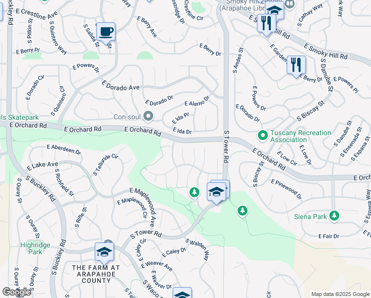 map of restaurants, bars, coffee shops, grocery stores, and more near 5914 South Waco Court in Aurora