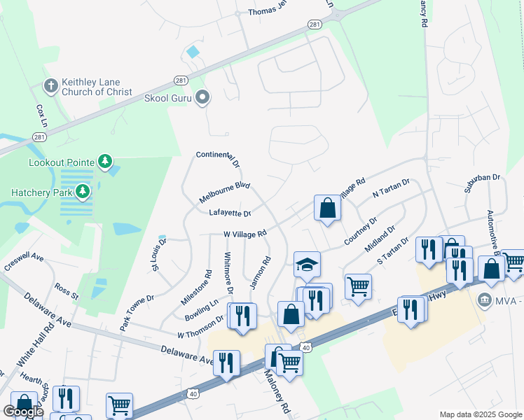 map of restaurants, bars, coffee shops, grocery stores, and more near 309 Melbourne Boulevard in Elkton