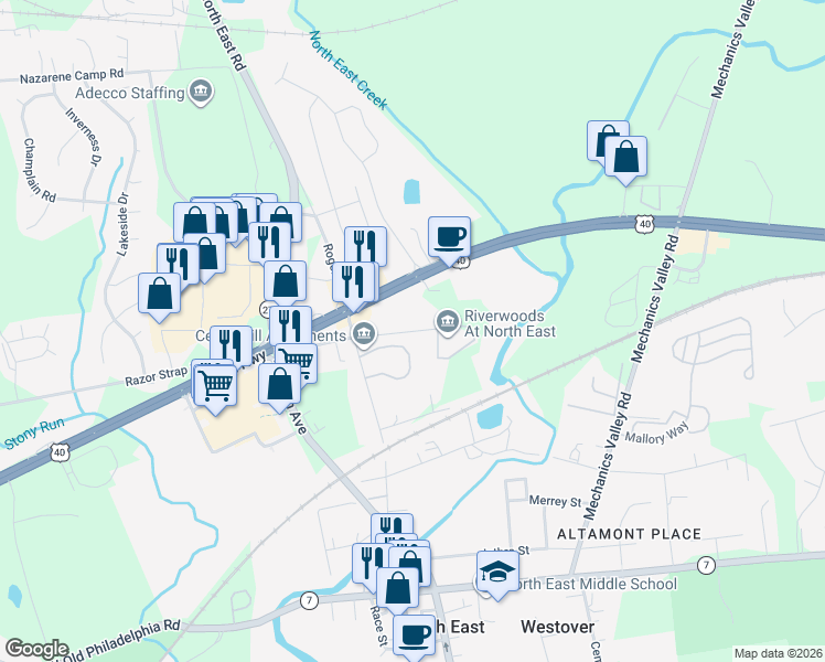 map of restaurants, bars, coffee shops, grocery stores, and more near 1000 Riverwoods Road in North East