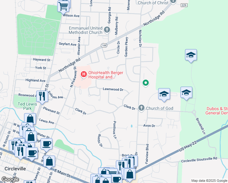 map of restaurants, bars, coffee shops, grocery stores, and more near 369 Lawnwood Drive in Circleville