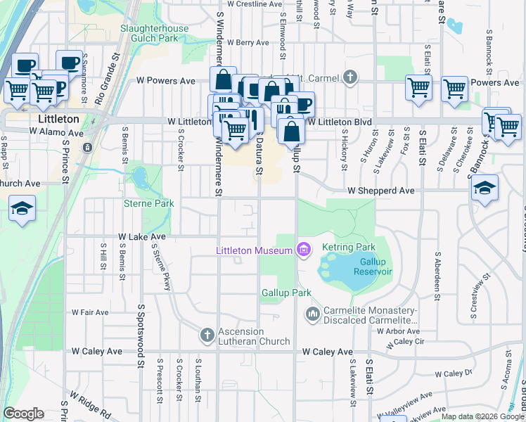 map of restaurants, bars, coffee shops, grocery stores, and more near 5909 South Datura Court in Littleton