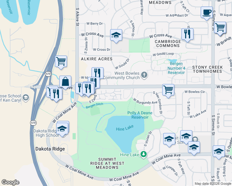 map of restaurants, bars, coffee shops, grocery stores, and more near 12765 West Brittany Drive in Littleton