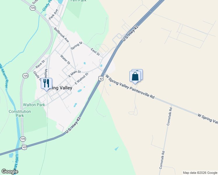map of restaurants, bars, coffee shops, grocery stores, and more near 1567 West Spring Valley Paintersville Road in Spring Valley