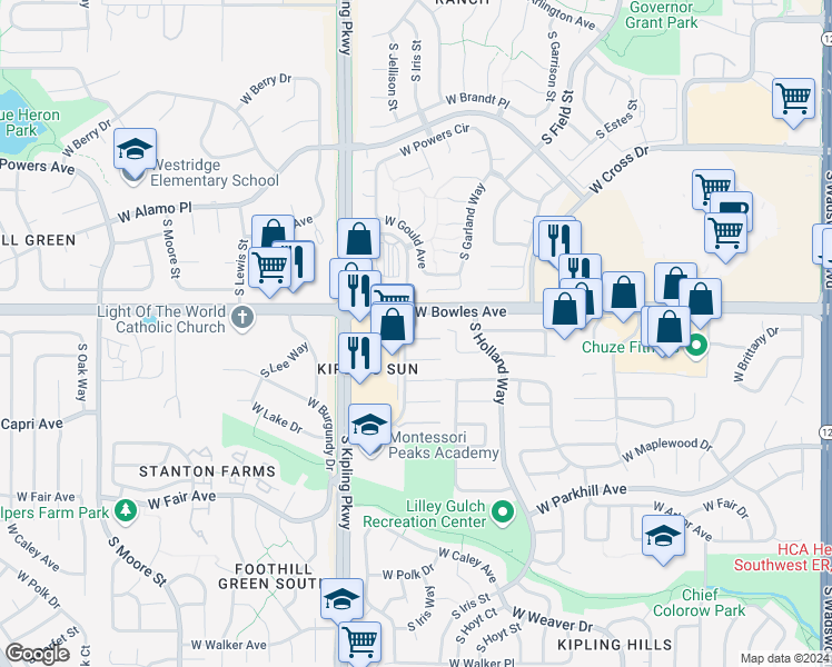 map of restaurants, bars, coffee shops, grocery stores, and more near 5906 South Jellison Street in Littleton