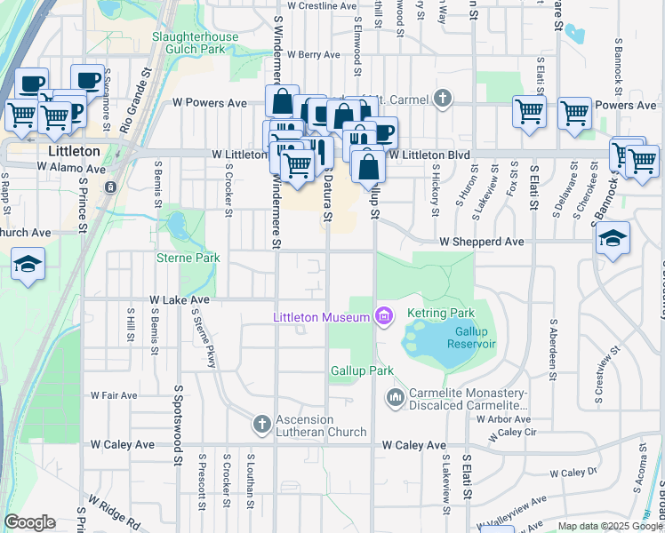 map of restaurants, bars, coffee shops, grocery stores, and more near 5909 South Datura Court in Littleton
