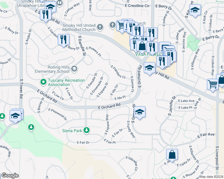 map of restaurants, bars, coffee shops, grocery stores, and more near 19649 East Ida Circle in Aurora
