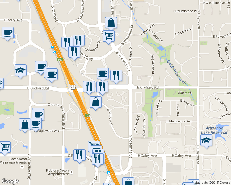 map of restaurants, bars, coffee shops, grocery stores, and more near 5941 South Willow Way in Greenwood Village