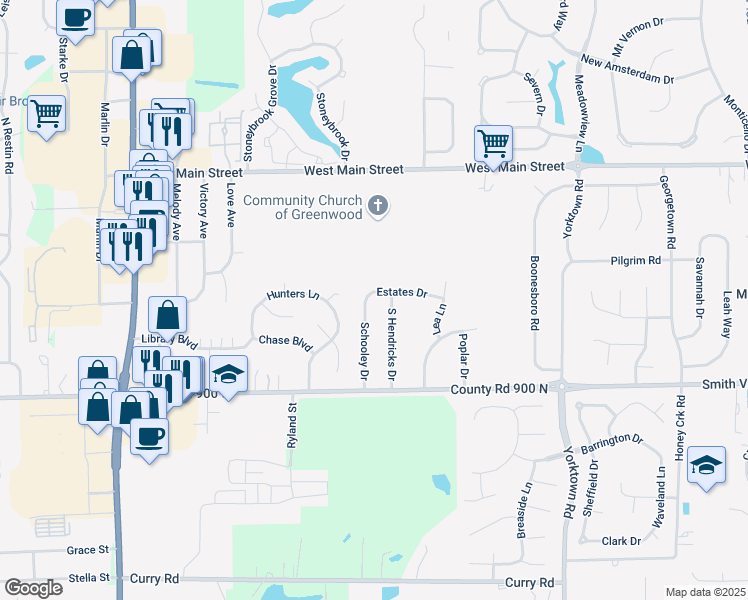 map of restaurants, bars, coffee shops, grocery stores, and more near 375 Schooley Drive in Greenwood