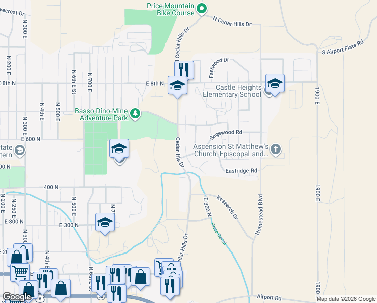 map of restaurants, bars, coffee shops, grocery stores, and more near 562 North Cottonwood Road in Price