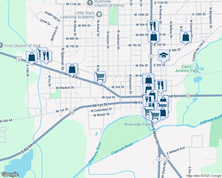 map of restaurants, bars, coffee shops, grocery stores, and more near 437 West 3rd Street in Rushville