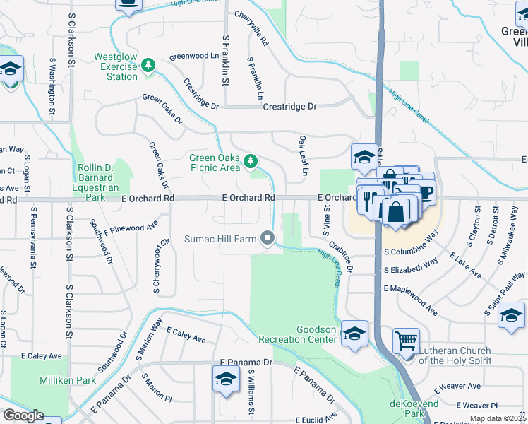 map of restaurants, bars, coffee shops, grocery stores, and more near 1854 East Lake Drive in Centennial