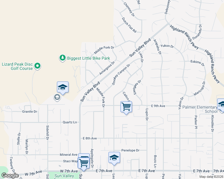 map of restaurants, bars, coffee shops, grocery stores, and more near 5950 Smokey Canyon Drive in Sun Valley