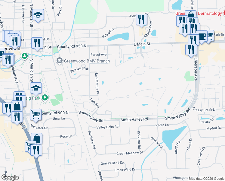map of restaurants, bars, coffee shops, grocery stores, and more near 572 Cielo Vista Court in Greenwood