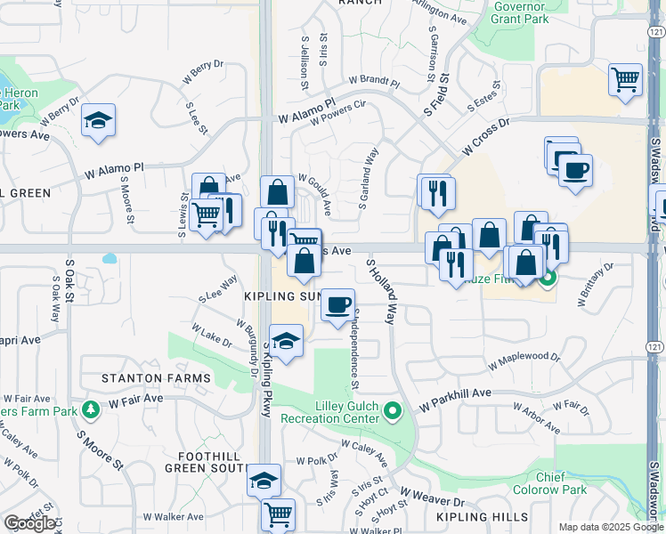map of restaurants, bars, coffee shops, grocery stores, and more near 5900 South Jellison Street in Littleton
