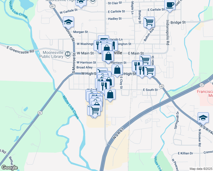map of restaurants, bars, coffee shops, grocery stores, and more near 340 South Indiana Street in Mooresville