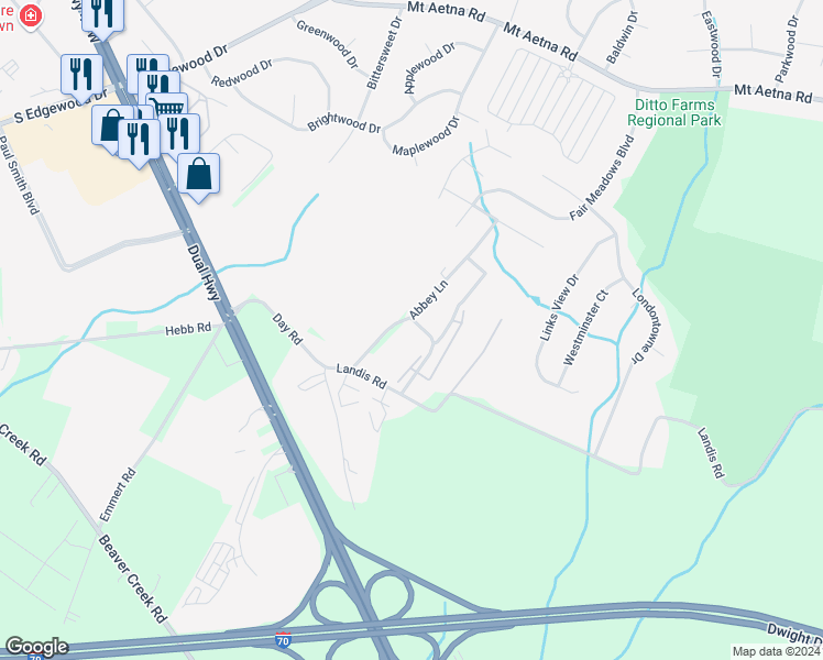 map of restaurants, bars, coffee shops, grocery stores, and more near 207 Queen Annes Court in Hagerstown