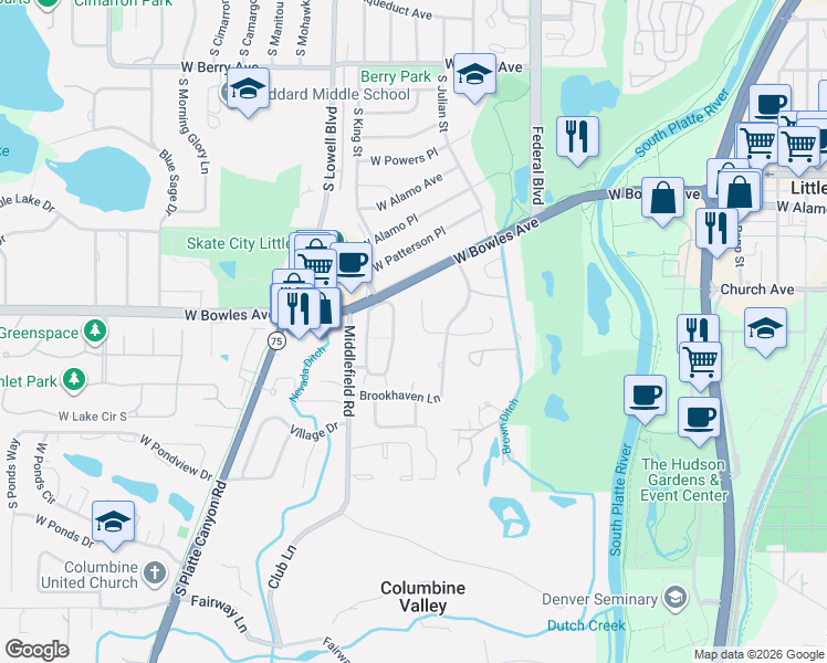 map of restaurants, bars, coffee shops, grocery stores, and more near 7 Brookhaven Trail in Littleton