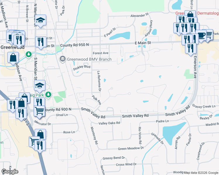 map of restaurants, bars, coffee shops, grocery stores, and more near 572 Cielo Vista Court in Greenwood