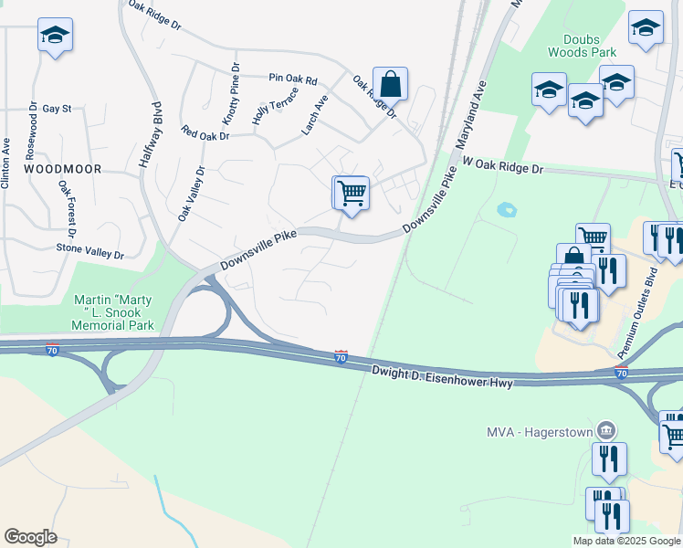 map of restaurants, bars, coffee shops, grocery stores, and more near 18017 Putter Drive in Hagerstown