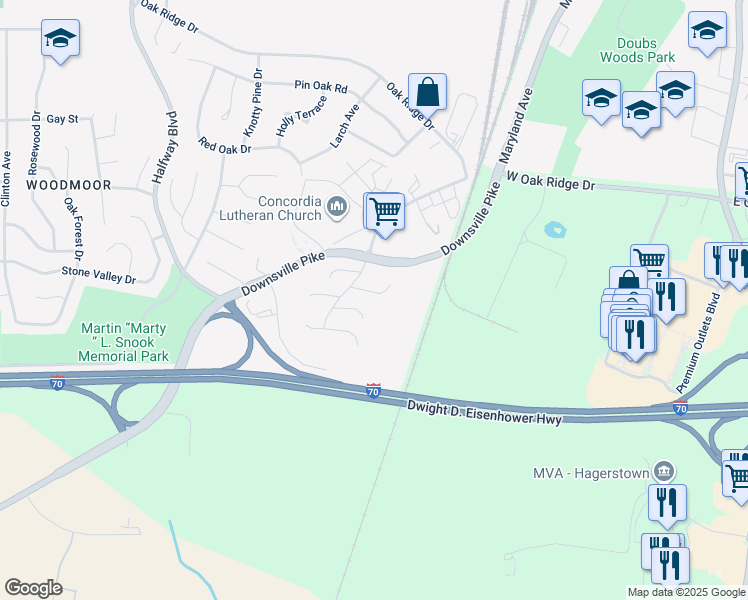 map of restaurants, bars, coffee shops, grocery stores, and more near 18017 Putter Drive in Hagerstown