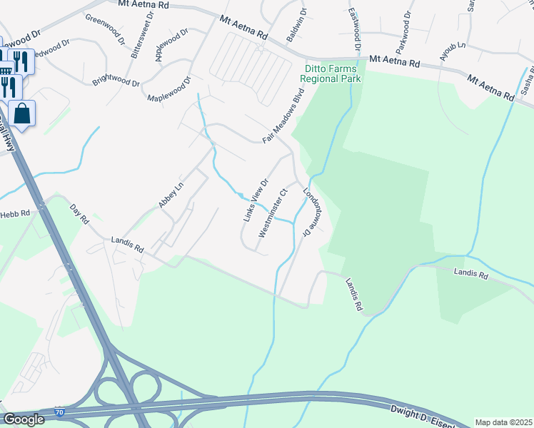 map of restaurants, bars, coffee shops, grocery stores, and more near 449 Westminster Court in Hagerstown