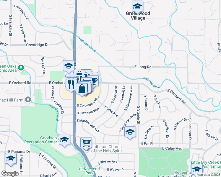 map of restaurants, bars, coffee shops, grocery stores, and more near 5926 South Elizabeth Way in Centennial