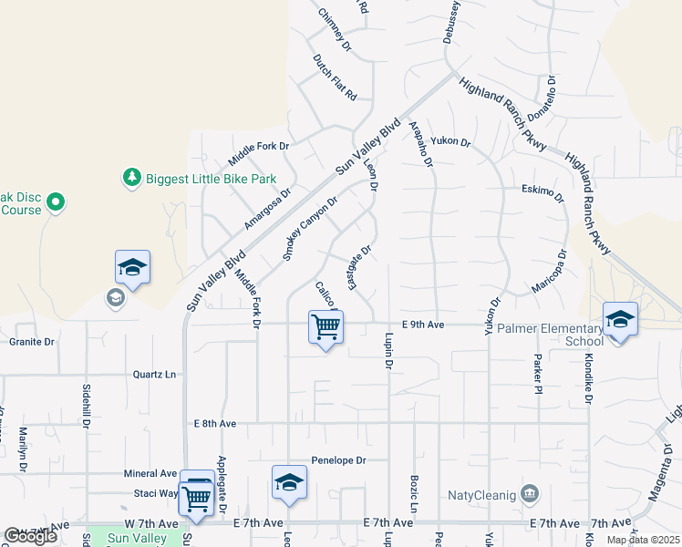 map of restaurants, bars, coffee shops, grocery stores, and more near 5965 Eastgate Drive in Sun Valley