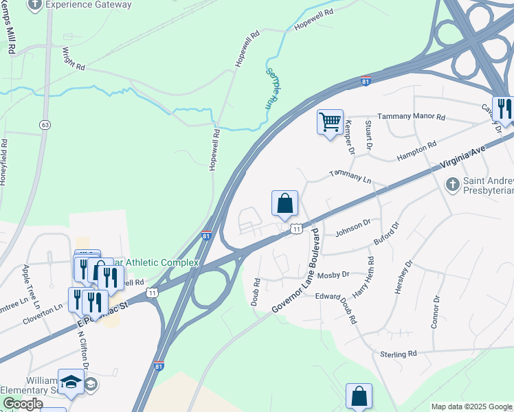map of restaurants, bars, coffee shops, grocery stores, and more near 10713 Brookemeade Circle in Williamsport