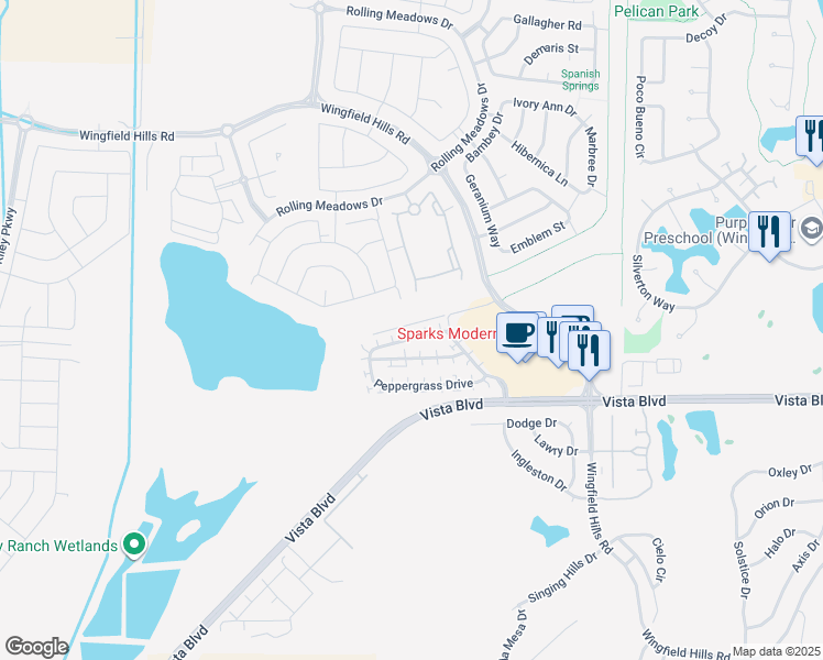 map of restaurants, bars, coffee shops, grocery stores, and more near 6477 Peppergrass Drive in Sparks