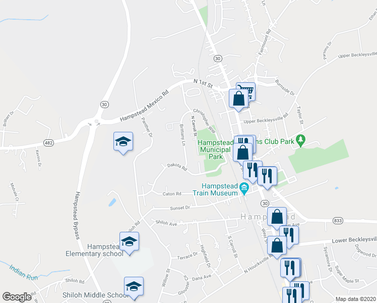 map of restaurants, bars, coffee shops, grocery stores, and more near 3923 Brittany Lane in Hampstead