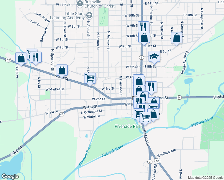 map of restaurants, bars, coffee shops, grocery stores, and more near 335 West 3rd Street in Rushville