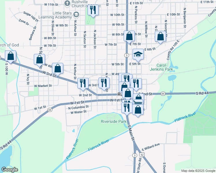 map of restaurants, bars, coffee shops, grocery stores, and more near 235 West 3rd Street in Rushville