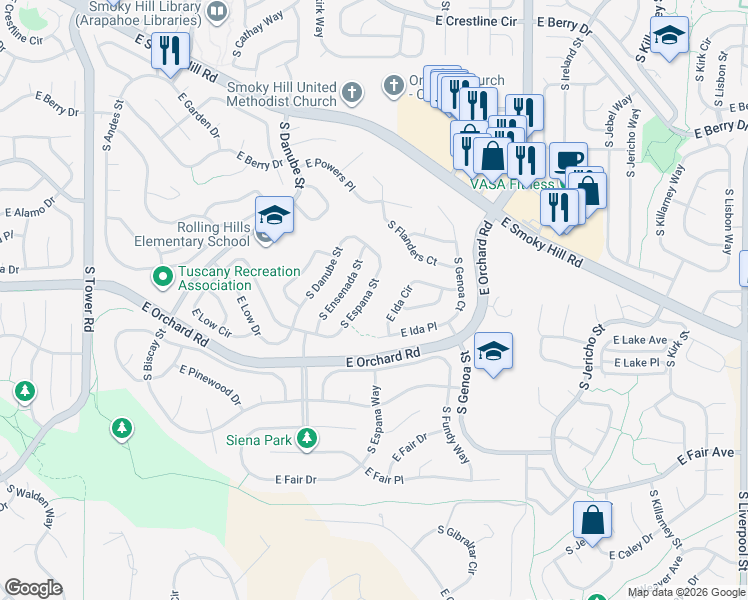map of restaurants, bars, coffee shops, grocery stores, and more near 19649 East Ida Circle in Aurora