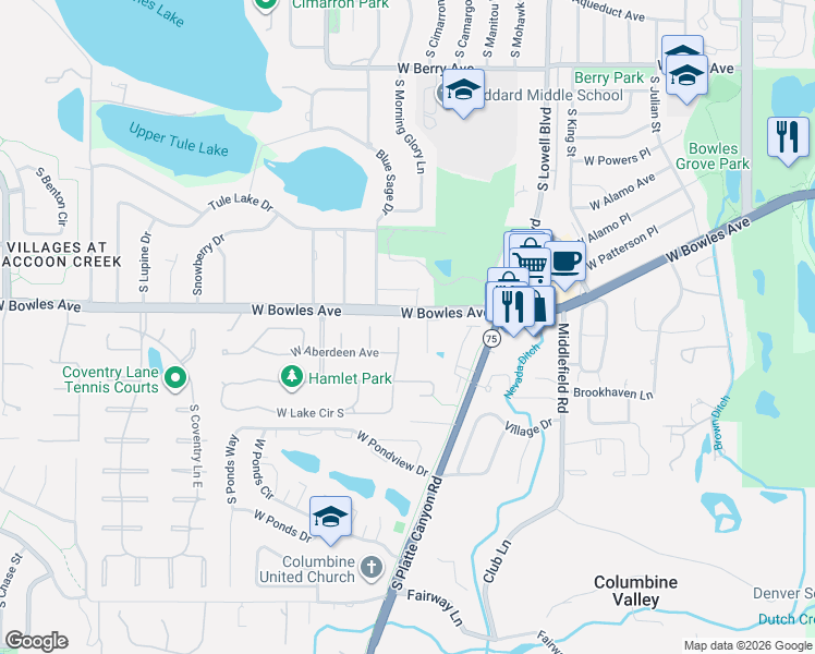 map of restaurants, bars, coffee shops, grocery stores, and more near 5911 South Camargo Way in Littleton
