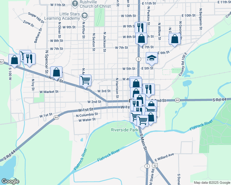 map of restaurants, bars, coffee shops, grocery stores, and more near 235 West 3rd Street in Rushville