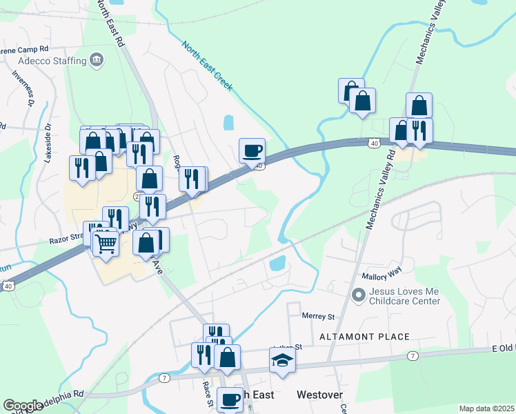 map of restaurants, bars, coffee shops, grocery stores, and more near 125 Railroad Lane in North East