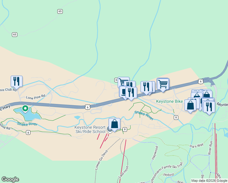 map of restaurants, bars, coffee shops, grocery stores, and more near 57 West Hansen Road in Dillon
