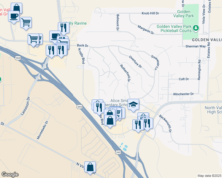 map of restaurants, bars, coffee shops, grocery stores, and more near 7220 Discovery Court in Reno
