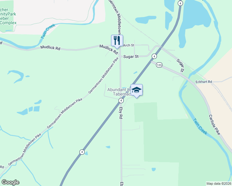 map of restaurants, bars, coffee shops, grocery stores, and more near 9281 Eby Road in Germantown