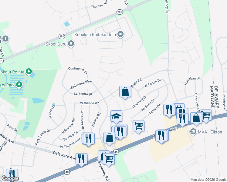 map of restaurants, bars, coffee shops, grocery stores, and more near 134 East Village Road in Elkton
