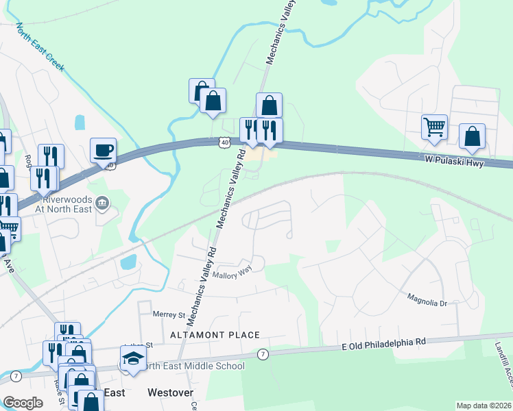 map of restaurants, bars, coffee shops, grocery stores, and more near 46 Augusta Loop in North East