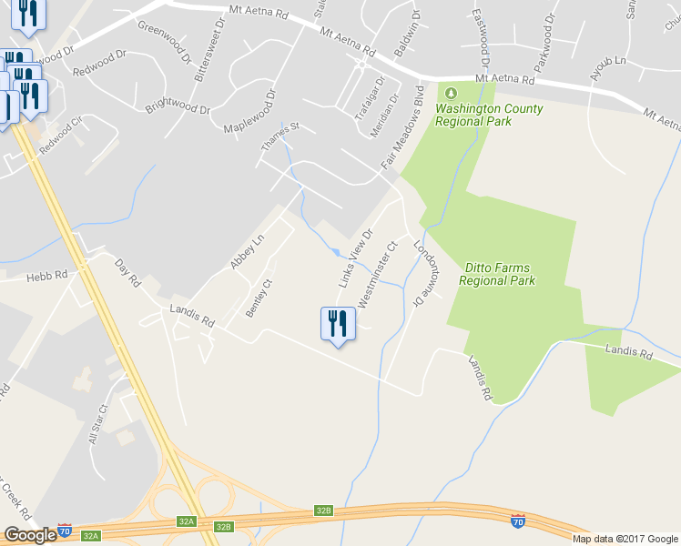 map of restaurants, bars, coffee shops, grocery stores, and more near 447 Links View Drive in Hagerstown