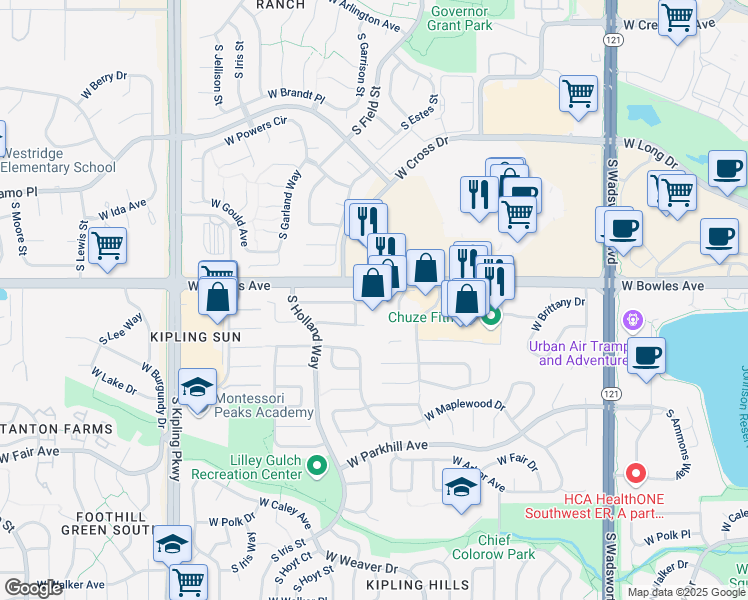 map of restaurants, bars, coffee shops, grocery stores, and more near 5932 South Garland Way in Littleton