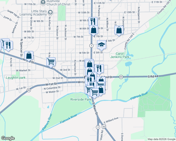 map of restaurants, bars, coffee shops, grocery stores, and more near in Rushville