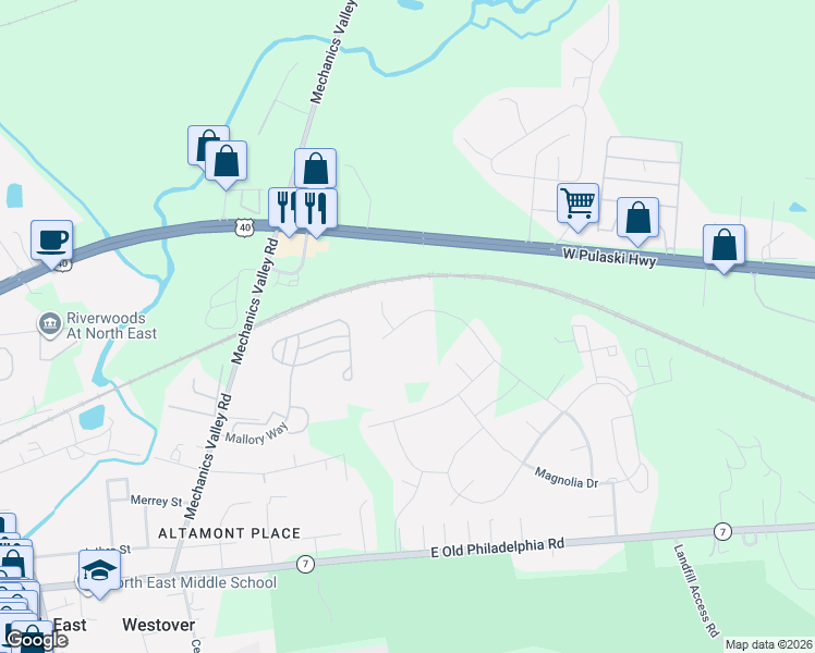 map of restaurants, bars, coffee shops, grocery stores, and more near 18 Augusta Loop in North East