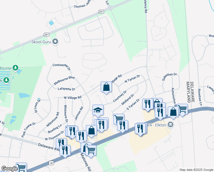 map of restaurants, bars, coffee shops, grocery stores, and more near 171 East Village Road in Elkton