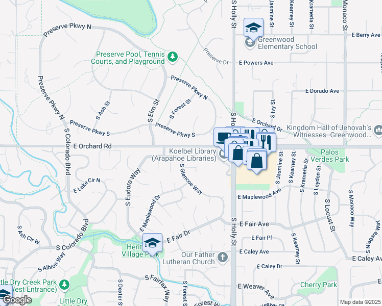 map of restaurants, bars, coffee shops, grocery stores, and more near 5351 East Brittany Place in Centennial