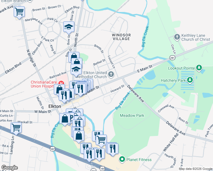 map of restaurants, bars, coffee shops, grocery stores, and more near 217 Howard Street in Elkton