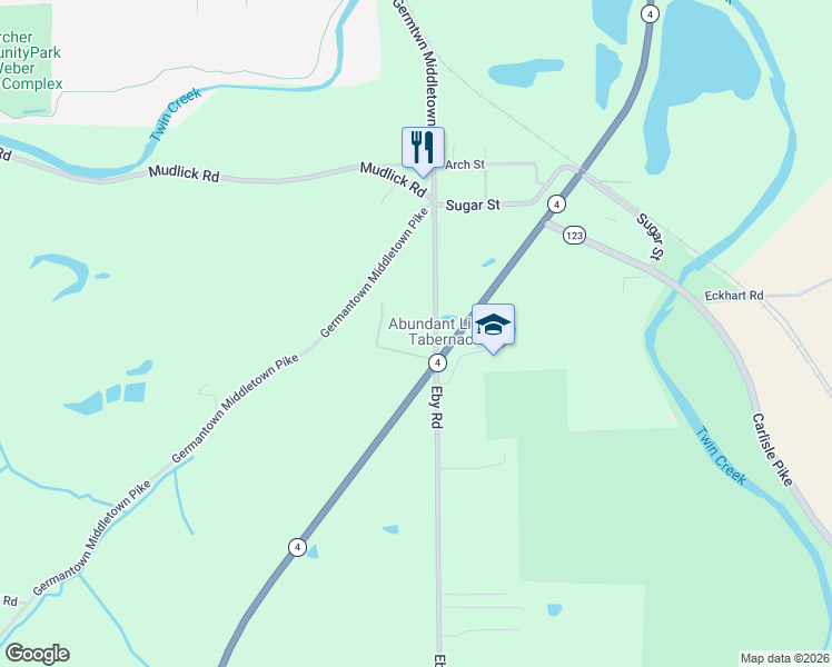 map of restaurants, bars, coffee shops, grocery stores, and more near 9281 Eby Road in Germantown