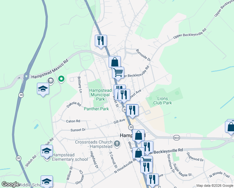 map of restaurants, bars, coffee shops, grocery stores, and more near 1316 North Main Street in Hampstead